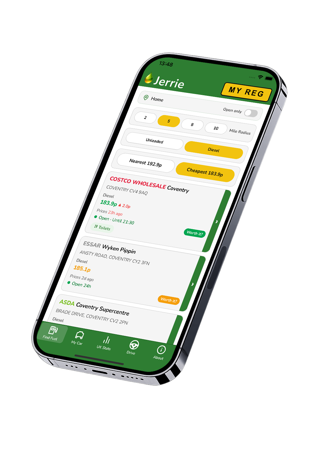 Jerrie app showing cheapest fuel stations nearby